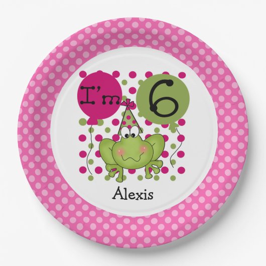 Roze kikker 6th Birthday Paper Borden Papieren Bordje (Voorkant)