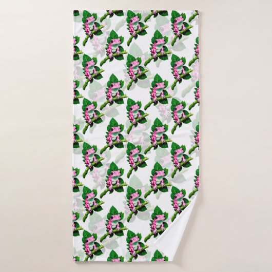 Roze kikker op groen blad patroon ontwerp badhanddoek (Badhanddoek)