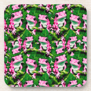Roze kikker op groen blad patroon ontwerp bier onderzetter