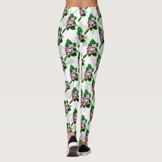 Roze kikker op groen blad patroon ontwerp leggings (Achterkant)