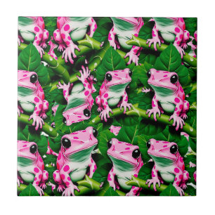 Roze kikker op groen blad patroon ontwerp tegeltje