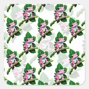 Roze kikker op groen blad patroon ontwerp vierkante sticker
