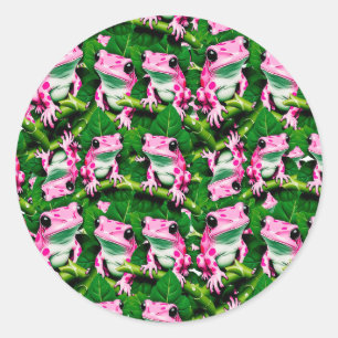 Roze kikker op groen blad patroonontwerp ronde sticker