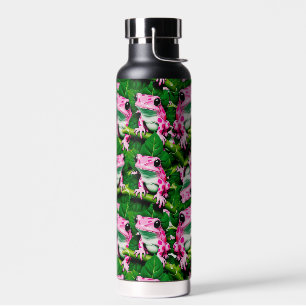 Roze kikker op groen blad patroonontwerp waterfles