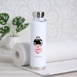 Roze Kimono Kawaii Kokeshi Meisje Aangepaste Naam Waterfles