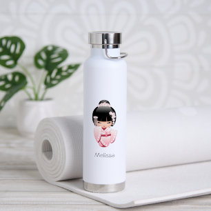 Roze Kimono Kawaii Kokeshi Meisje Aangepaste Naam Waterfles