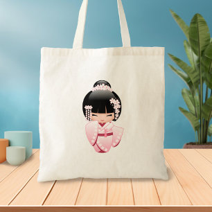 Roze Kimono Kawaii Kokeshi Meisje Tote Bag