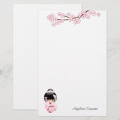 Roze Kimono Kawaii Kokeshi Pop Briefpapier (Voorkant / Achterkant)