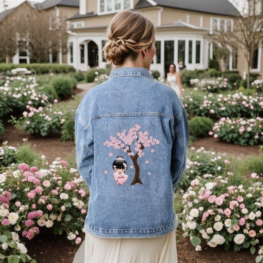 Roze Kimono Kawaii Kokeshi Pop Denim Jacket (Huwelijk Achterkant)