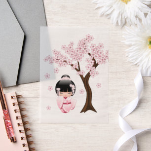 Roze Kimono Kawaii Kokeshi Pop In Vellum Uitnodigingen
