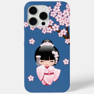 Roze Kimono Kawaii Kokeshi Pop met Blauwe achtergr iPhone 15 Pro Max Hoesje