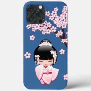 Roze Kimono Kawaii Kokeshi Pop met Blauwe achtergr Case-Mate iPhone Case
