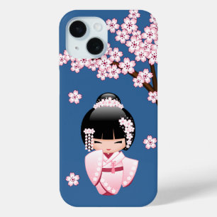 Roze Kimono Kawaii Kokeshi Pop met Blauwe achtergr iPhone 15 Case