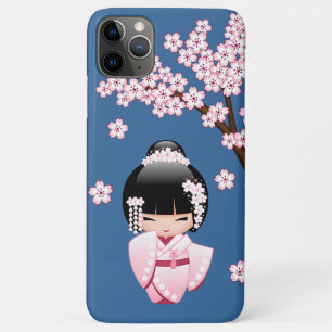 Roze Kimono Kawaii Kokeshi Pop met Blauwe achtergr Case-Mate iPhone Case
