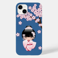 Roze Kimono Kawaii Kokeshi Pop met Blauwe achtergr