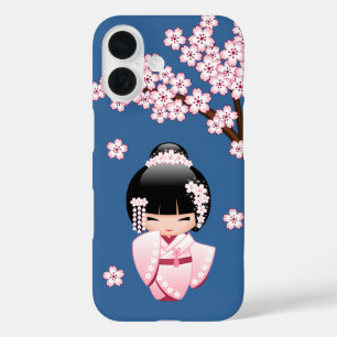 Roze Kimono Kawaii Kokeshi Pop met Blauwe achtergr iPhone 16 Hoesje