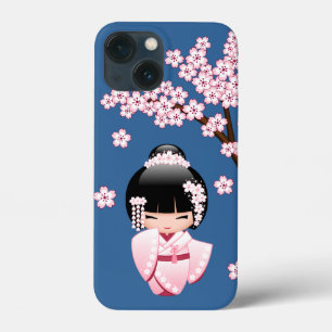 Roze Kimono Kawaii Kokeshi Pop met Blauwe achtergr Case-Mate iPhone Case