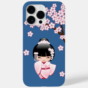Roze Kimono Kawaii Kokeshi Pop met Blauwe achtergr Case-Mate iPhone 14 Pro Max Hoesje