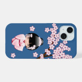 Roze Kimono Kawaii Kokeshi Pop met Blauwe achtergr iPhone 15 Case (Achterkant horizontaal)