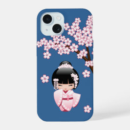 Roze Kimono Kawaii Kokeshi Pop met Blauwe achtergr iPhone 15 Case