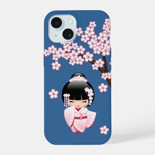 Roze Kimono Kawaii Kokeshi Pop met Blauwe achtergr iPhone 15 Case (Achterkant)