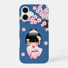 Roze Kimono Kawaii Kokeshi Pop met Blauwe achtergr iPhone 16 Hoesje