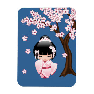 Roze Kimono Kawaii Kokeshi Pop met Blauwe achtergr Magneet