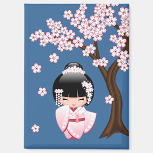 Roze Kimono Kawaii Kokeshi Pop met Blauwe achtergr Magneet