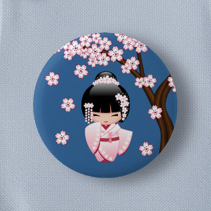 Roze Kimono Kawaii Kokeshi Pop met Blauwe achtergr Ronde Button 5,7 Cm