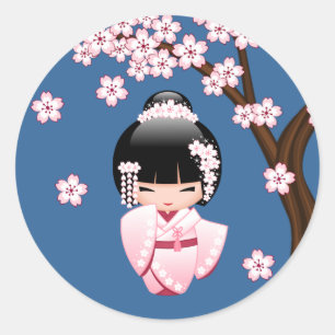 Roze Kimono Kawaii Kokeshi Pop met Blauwe achtergr Ronde Sticker