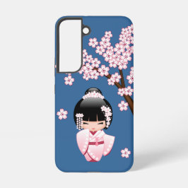 Roze Kimono Kawaii Kokeshi Pop met Blauwe achtergr Samsung Galaxy Hoesje