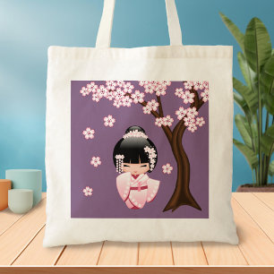 Roze Kimono Kawaii Kokeshi Pop met Paars Tote Bag