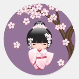 Roze Kimono Kawaii Kokeshi Pop onder Paars Ronde Sticker
