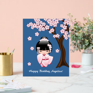 Roze Kimono Kawaii Kokeshi Pop op Blauwe achtergro Acryl Bord