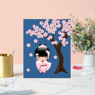 Roze Kimono Kawaii Kokeshi Pop op Blauwe achtergro Acryl Bord