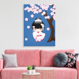 Roze Kimono Kawaii Kokeshi Pop op Blauwe Achtergro Canvas Afdruk