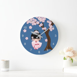 Roze Kimono Kawaii Kokeshi Pop op Blauwe achtergro Grote Klok