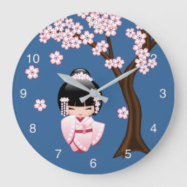 Roze Kimono Kawaii Kokeshi Pop op Blauwe achtergro Grote Klok