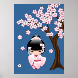 Roze Kimono Kawaii Kokeshi Pop op Blauwe Achtergro Poster