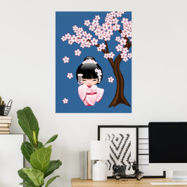 Roze Kimono Kawaii Kokeshi Pop op Blauwe Achtergro Poster
