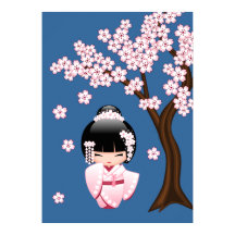Roze Kimono Kawaii Kokeshi Pop op Blauwe Achtergro