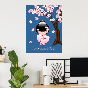 Roze Kimono Kawaii Kokeshi Pop op Blauwe Achtergro Poster