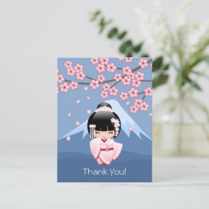 Roze Kimono Kawaii Kokeshi Pop op Blauwe Bedankt Briefkaart