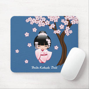Roze Kimono Kawaii Kokeshi Pop op Blauwe Muismat