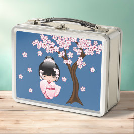 Roze Kimono Kawaii Kokeshi Pop op Blauwe Ondergron