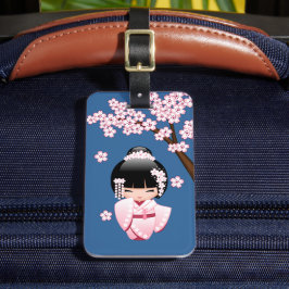 Roze Kimono Kawaii Kokeshi Pop op Blauwe Ondergron Bagagelabel