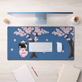 Roze Kimono Kawaii Kokeshi Pop op Blauwe Ondergron Bureaumat