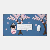 Roze Kimono Kawaii Kokeshi Pop op Blauwe Ondergron Bureaumat (Keyboard & Muis)