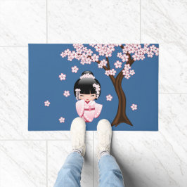 Roze Kimono Kawaii Kokeshi Pop op Blauwe Ondergron Deurmat