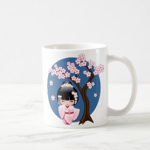Roze Kimono Kawaii Kokeshi Pop op Blauwe Ondergron Koffiemok